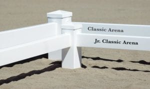 Classic and Jr. Classic dressage arenas side by side comparison in sand. 20 x 60 meter, 20 x 40 meter, 40 x 100 meter Driving dressage arena. Base Weight System 2-007, 2-008, 2-107 Post Anchor System 2-011, 2-012, 2-111