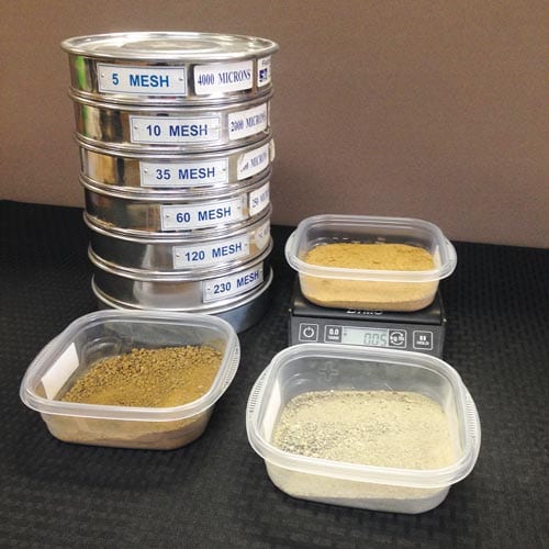 Sieve tests for sand particle sizes Sieve tests for sand particle sizes
