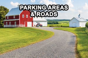 gravel road going to a barn